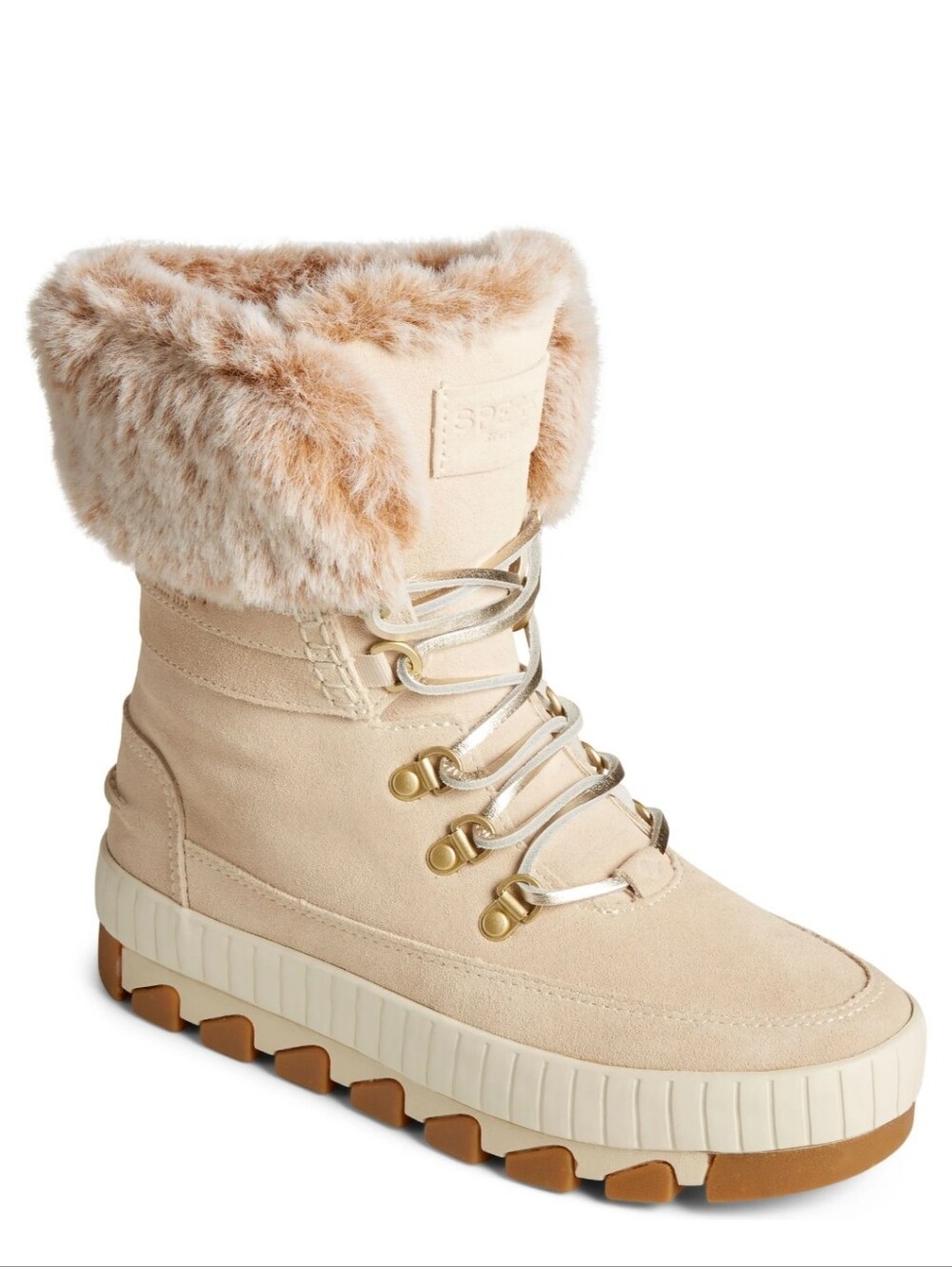 Sperry Torrent Winter Waterproof Lace Up Boot Ivory Suede Faux Fur Trim Size 8